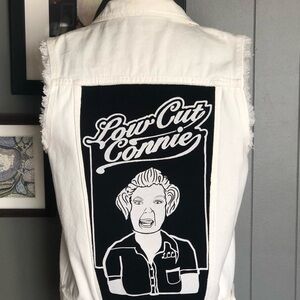 Low Cut Connie Up-Cycled White Denim Vest with Graphic Design Unisex Medium